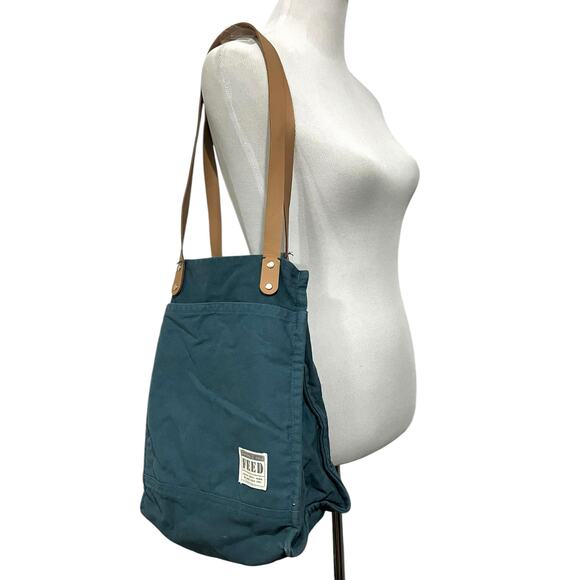 FEED Project Canvas Market Tote Shoulder Bag Blue with Leather Straps - Picture 4 of 8